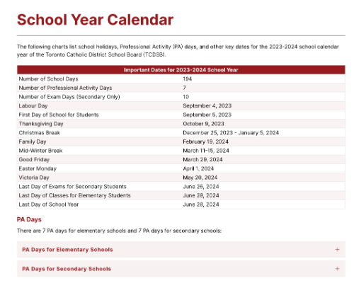 Toronto Catholic District School Board Key Dates