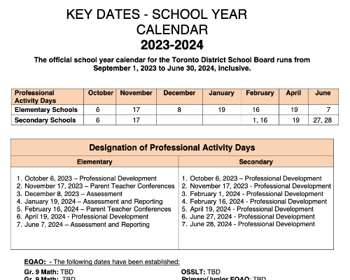 Toronto District School Board Key Dates